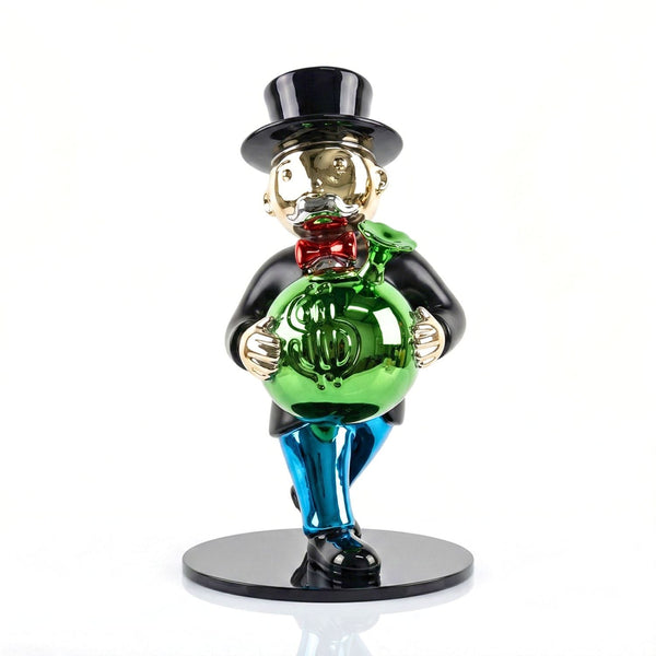 FORZIERE — scultura cromata magnate con sacco verde