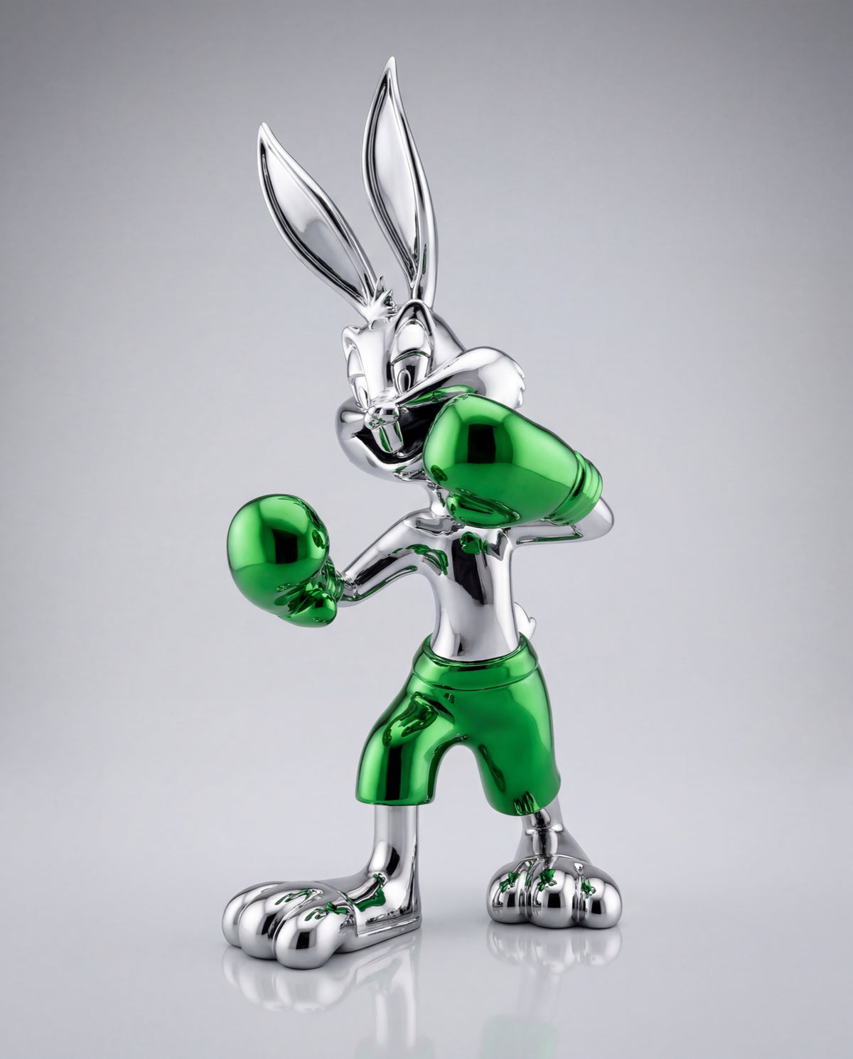 KNOCKOUT — Green chrome boxing rabbit sculpture with green gloves
