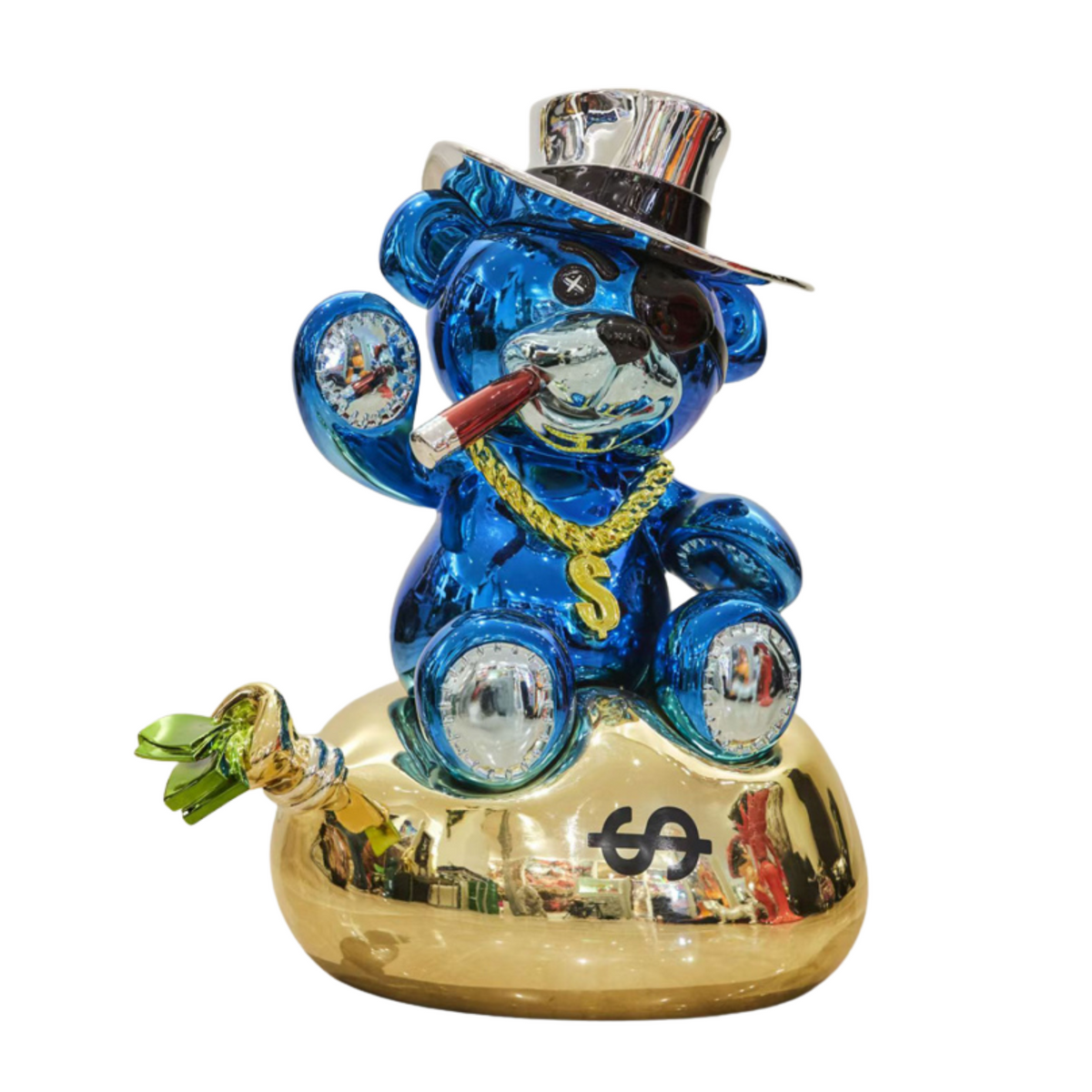 MOGUL Blu — scultura orso magnate cromata