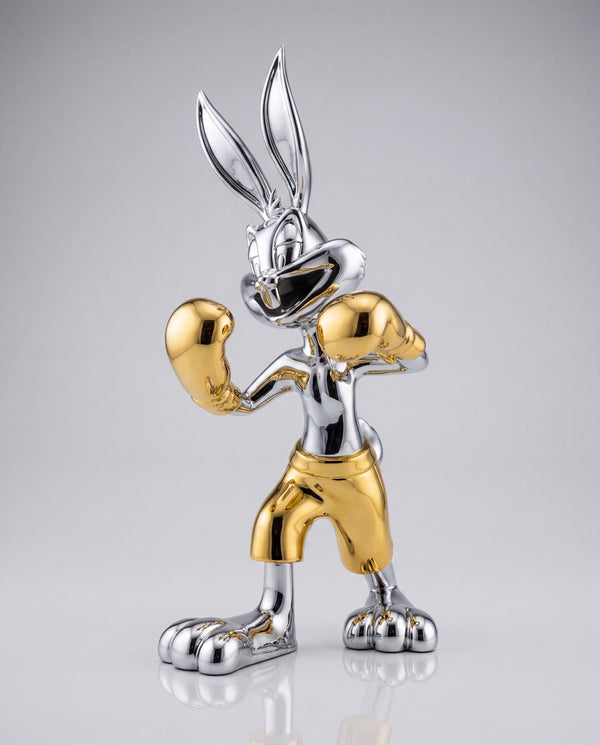 KNOCKOUT — Oro scultura coniglio pugile cromato con guantoni oro